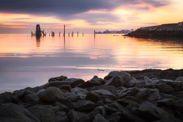 Rocky Shore and Purple Sunset - Powered by Adobe