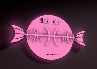 Abstract zodiac sign Pisces on a dark background. Neon glowing icon. Abstract shining zodiac sign The Fish 