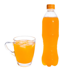 Orange juice in a bottle and a glass on white background.