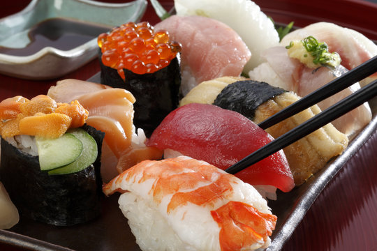 Japanese seafood sushi /many tasty fresh japanese sushi with tuna, caviar and shrimp