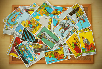 Fototapeta na wymiar Mix of tarot cards in vintage style.