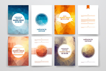 Set of brochures in poligonal style on Mardi Gras theme - obrazy, fototapety, plakaty