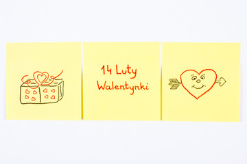 Symbols of Valentines Day drawn on paper, polish inscription 14 February Valentines, symbol of love