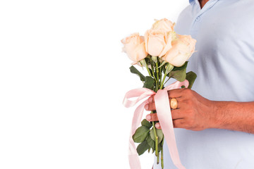young man hold rose flower for surprise his wife