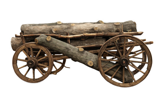 Old cart with firewood on white background
