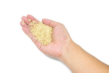 Hand with Brown rice isolated on white background