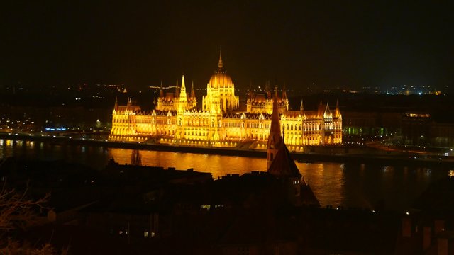Panoramic view of the Hungarian Parliament at night
