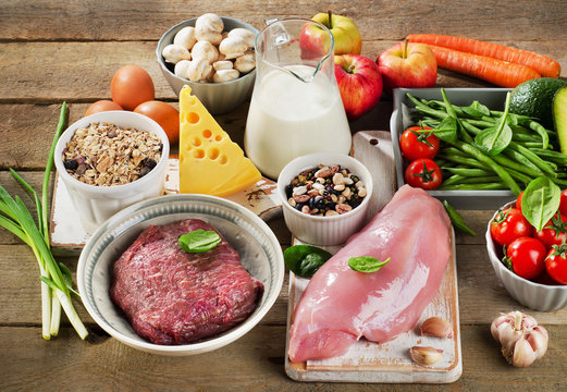 Assortment of Fresh Vegetables and Meats for Healthy Diet on rus