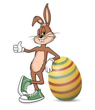 l&auml;ssiger Osterhase mit bunt gestreiftem Osterei