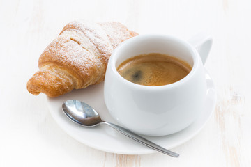 traditional breakfast with coffee and fresh croissants, closeup