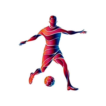 Soccer player kicks the ball. The colorful abstract illustration on white background.