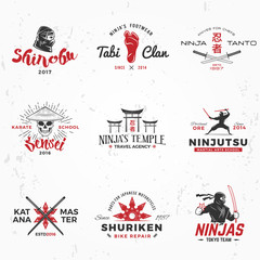 Set of Japanese Ninjas Logo. Katana master insignia design. Vintage ninja mascot badge. Martial art Team t-shirt illustration concept on grunge background - obrazy, fototapety, plakaty