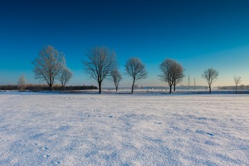 Beautiful cold morning on snowy winter countryside.