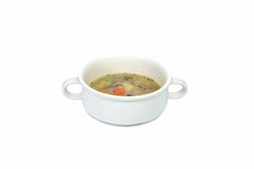potato soup in ceramic cup on over white background