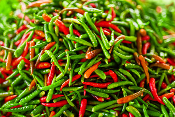 Vegetables. Close Up Of Organic Spicy Hot Red And Green Chili Peppers In The Farmers Market In Thailand, Asia. Nutrition. Healthy Food Ingridient. Spices.