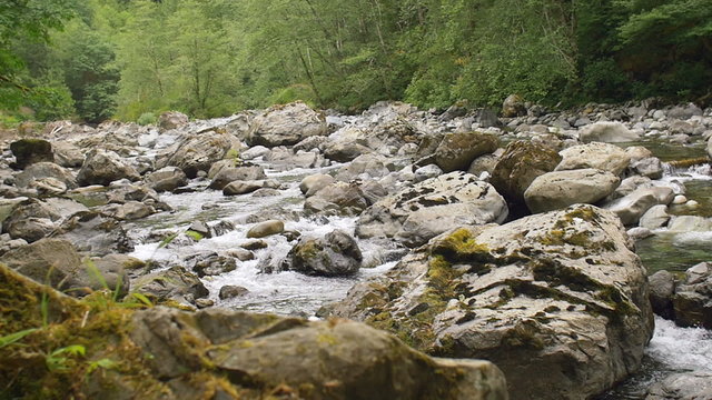 Mountain River with Rocks and Rapids  of White Water in Slow Motion