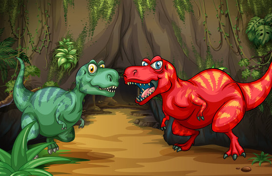 Two dinosaurs by the cave