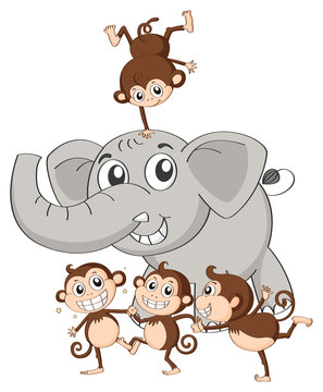Gray elephant and four little monkeys