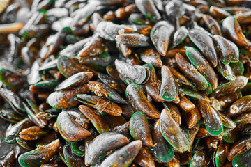 Healthy Food. Seafood Background. Closeup Of Fresh Gourmet Asian Green Mussels ( Perna Viridis, Green-lipped Mussels, Oysters ) At Fish Market In Koh Samui, Thailand, Asia. Nutrition And Diet. 