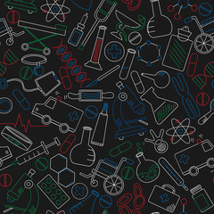 Seamless background with simple icons on a theme medicine and health, colored marker on dark background