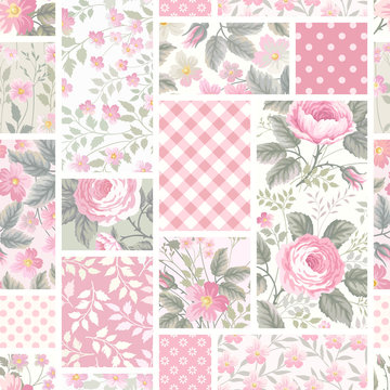 seamless floral patchwork pattern with roses in pastel colors