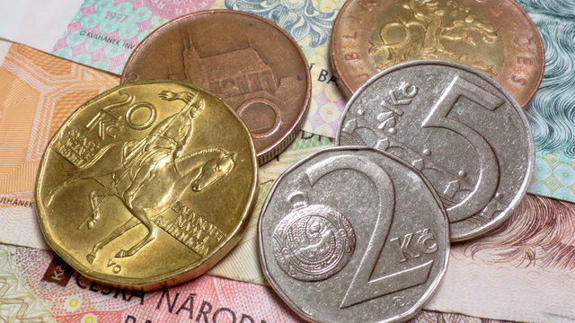 couple of czech republic currency crown coins and banknotes macro video