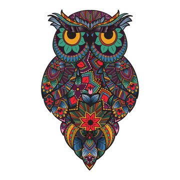 Vector illustration of ornamental owl. Bird illustrated in tribal. Isolated on white