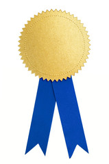 Gold seal or medal and blue ribbon isolated
