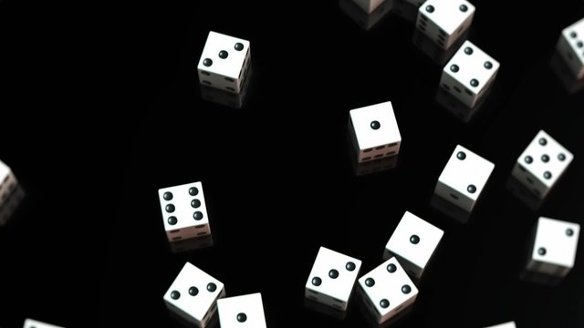 A seamlessly looping pan over a set of white dice on a clean, elegant reflective surface.
