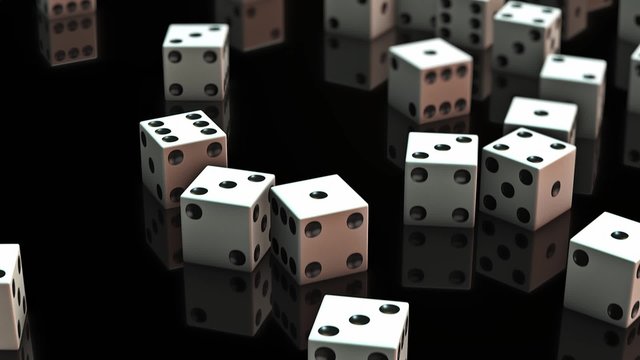 A seamlessly looping pan over a set of white dice on a clean, elegant reflective surface.
