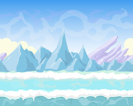 Seamless cartoon fantasy landscape with mountains, snow and ice for game design 