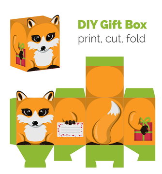 Adorable Do It Yourself fox gift box with ears for sweets, candies, small presents. Printable color scheme. Print it on thick paper, cut out, fold according to the lines.