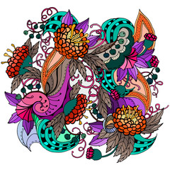 Decorative floral background with leaves, berries, branches and flowers. Bright abstract template with black outlines. Vector illustration isolated on white background.