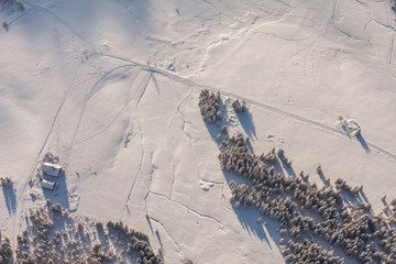 aerial view of the forest in winter time