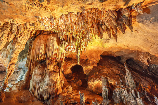 Stalactite rock formations in Lawa Cave. Kanchanaburi province, Thailand