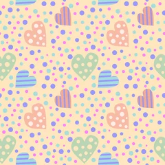 Fotobehang Seamless vector pattern. Cute background with colorful hearts and dots. © Valentain Jevee