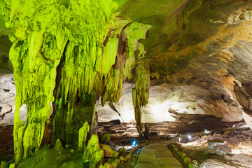 Stalactite rock formations in Lawa Cave. Kanchanaburi province, Thailand © phanthit malisuwan
