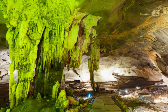 Stalactite rock formations in Lawa Cave. Kanchanaburi province, Thailand