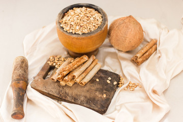 nuts and coconut waffles on a cutting board and silk fabric food