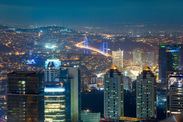 Fototapeta na wymiar Night Aerial view of the illuminated city downtown,