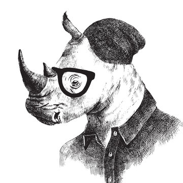 Hand drawn dressed up rhino in hipster style