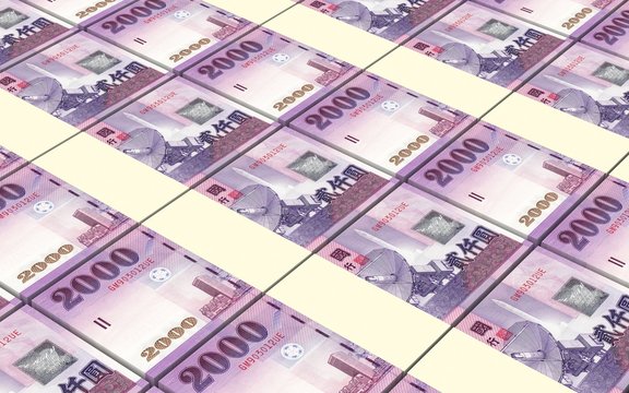 Taiwanese yuan bills stacks background. Computer generated 3D photo rendering.