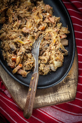 Traditional polish sauerkraut (bigos) with mushrooms and meat.