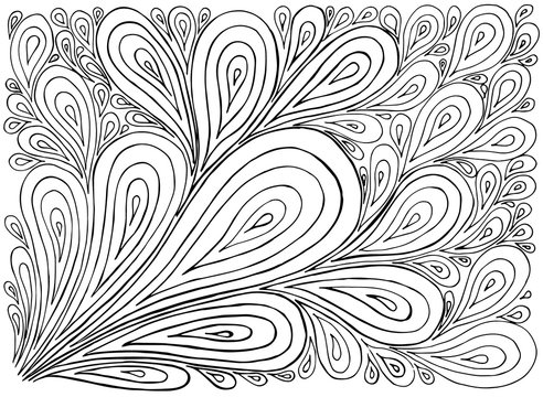 Hand drawn with ink background with doodles, drops. Vector pattern black and white illustration can be used for wallpaper, coloring book pages for kids and adults.
