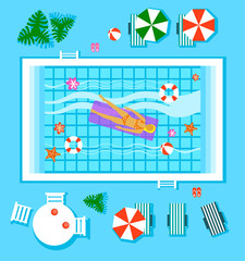 Swimming Pool in Top View with Outdoor Element. Vector Illustration 
