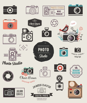 Photographer, cameras, photo studio elements, icons set