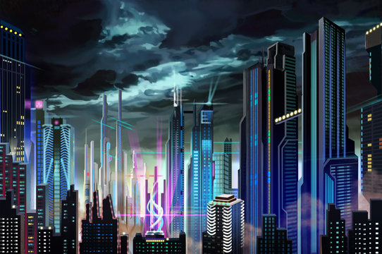 Illustration: Dismal Dark Futuristic City. Realistic Fantastic Cartoon Style Artwork Scene, Wallpaper, Game Story Background, Card Design