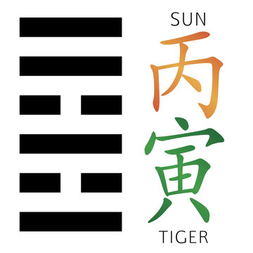 Symbol of i ching hexagram from chinese hieroglyphs. Translation of 12 zodiac feng shui signs hieroglyphs: 'Sun' and "Tiger". 
