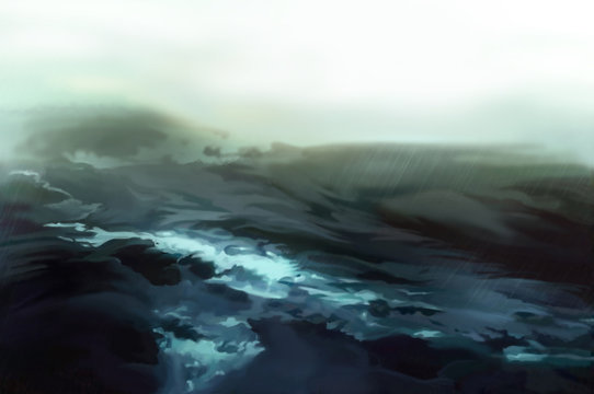 Illustration: The Storm Sea. Realistic Fantastic Cartoon Style Artwork Scene, Wallpaper, Game Story Background, Card Design
