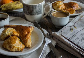 Coffee,fruit and croissants for Delicious Breakfast.